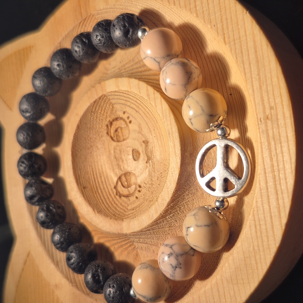 Pink magnesite with peace sign and lava beads